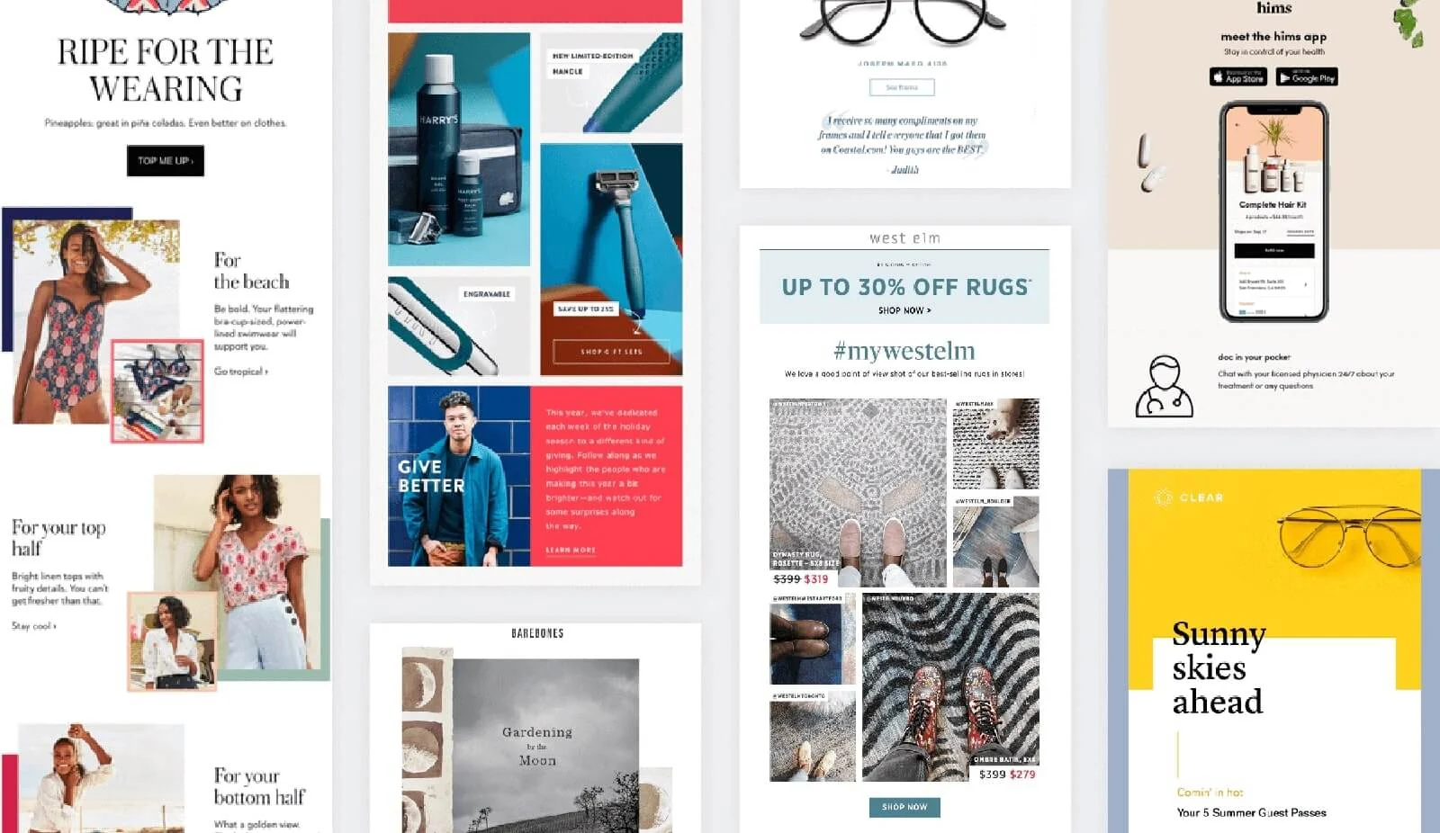 A wall of well-designed marketing emails across ecommerce and DTC brands