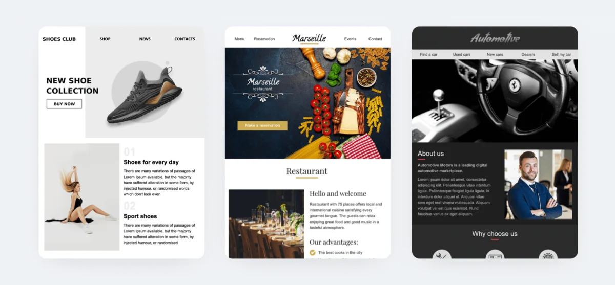 Email designs across retail, hospitality, and automotive